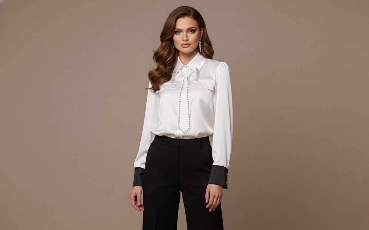 Chemise élégante à volants, broche bijou et cravate