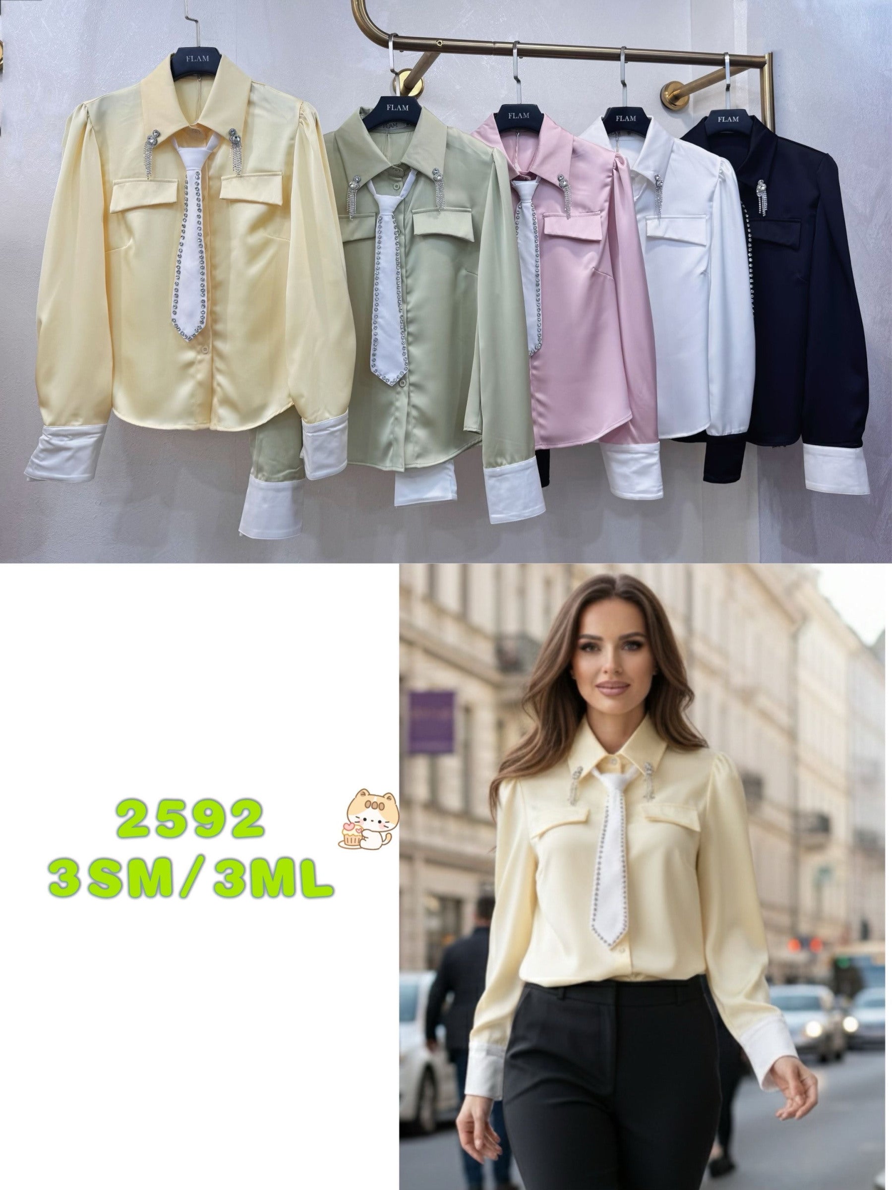 Chemise élégante à volants, broche bijou et cravate